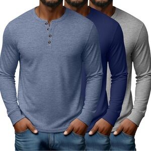 Classic Men's Long Sleeve Henley Shirt - Light Blue, Navy, Gray